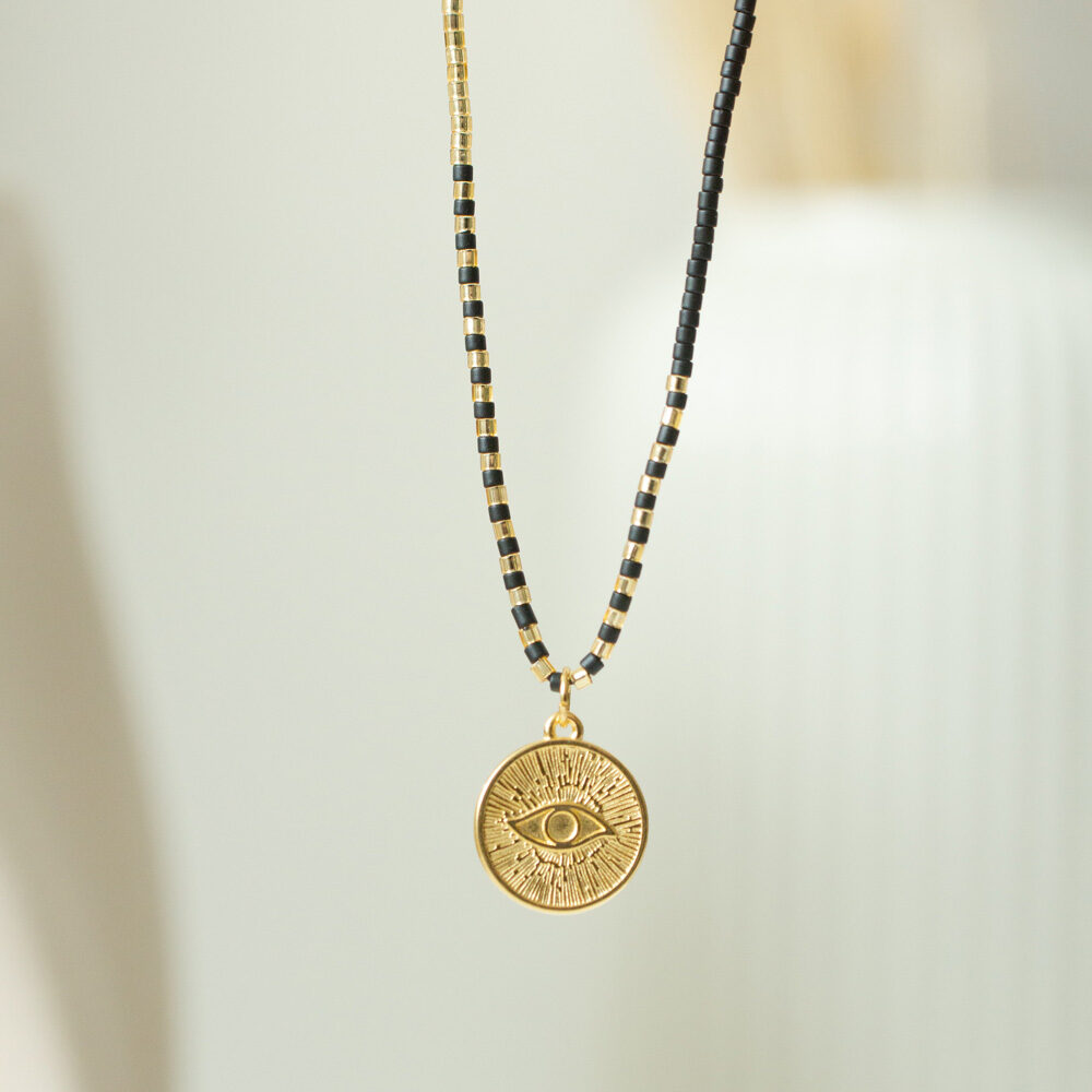 Halsketten mit Evil Eye Anhänger und Miyuki Perlen in Schwarz und Gold