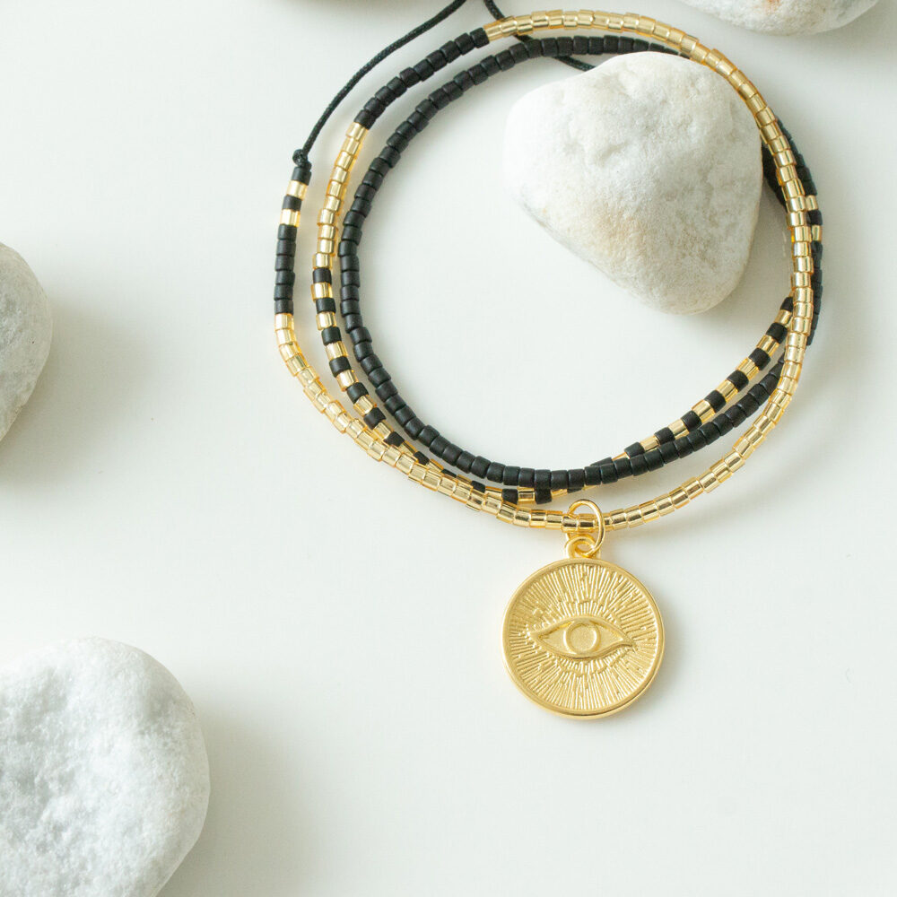 Halsketten mit Evil Eye Anhänger und Miyuki Perlen in Schwarz und Gold