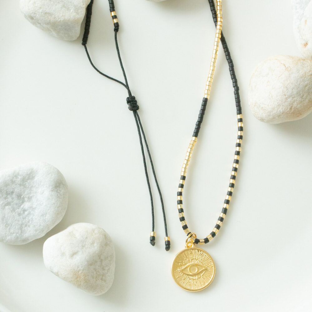 Halsketten mit Evil Eye Anhänger und Miyuki Perlen in Schwarz und Gold