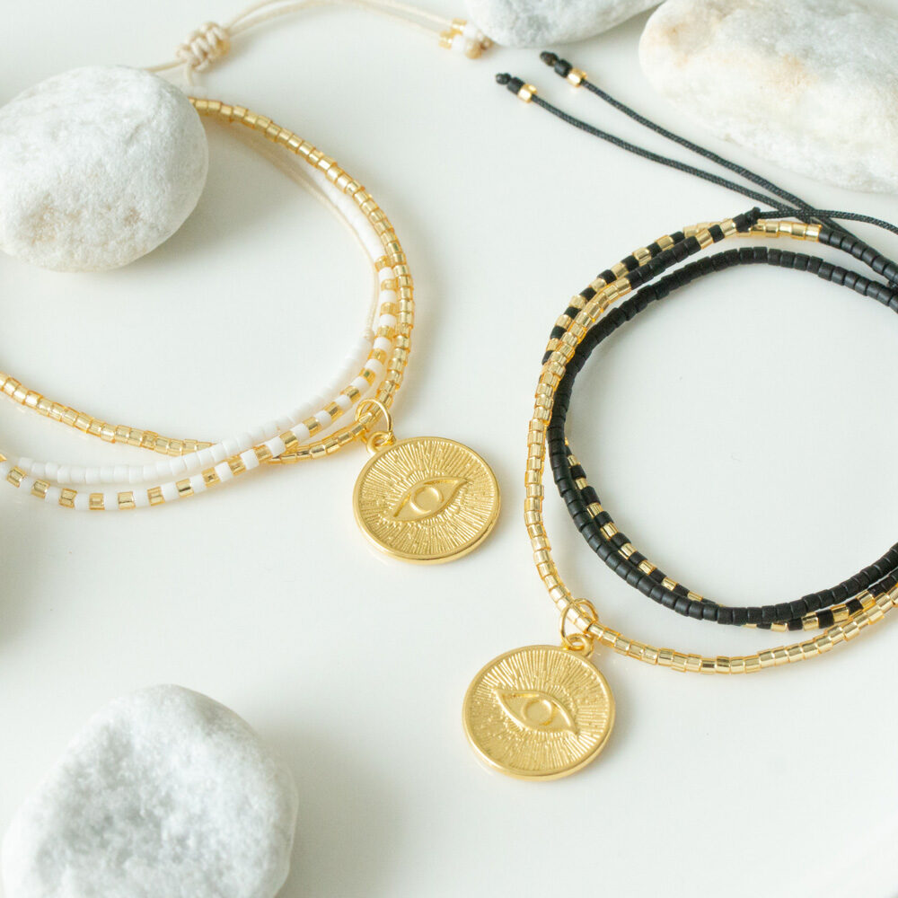 Halsketten mit Evil Eye Anhänger und Miyuki Perlen in Schwarz, Weiß und Gold