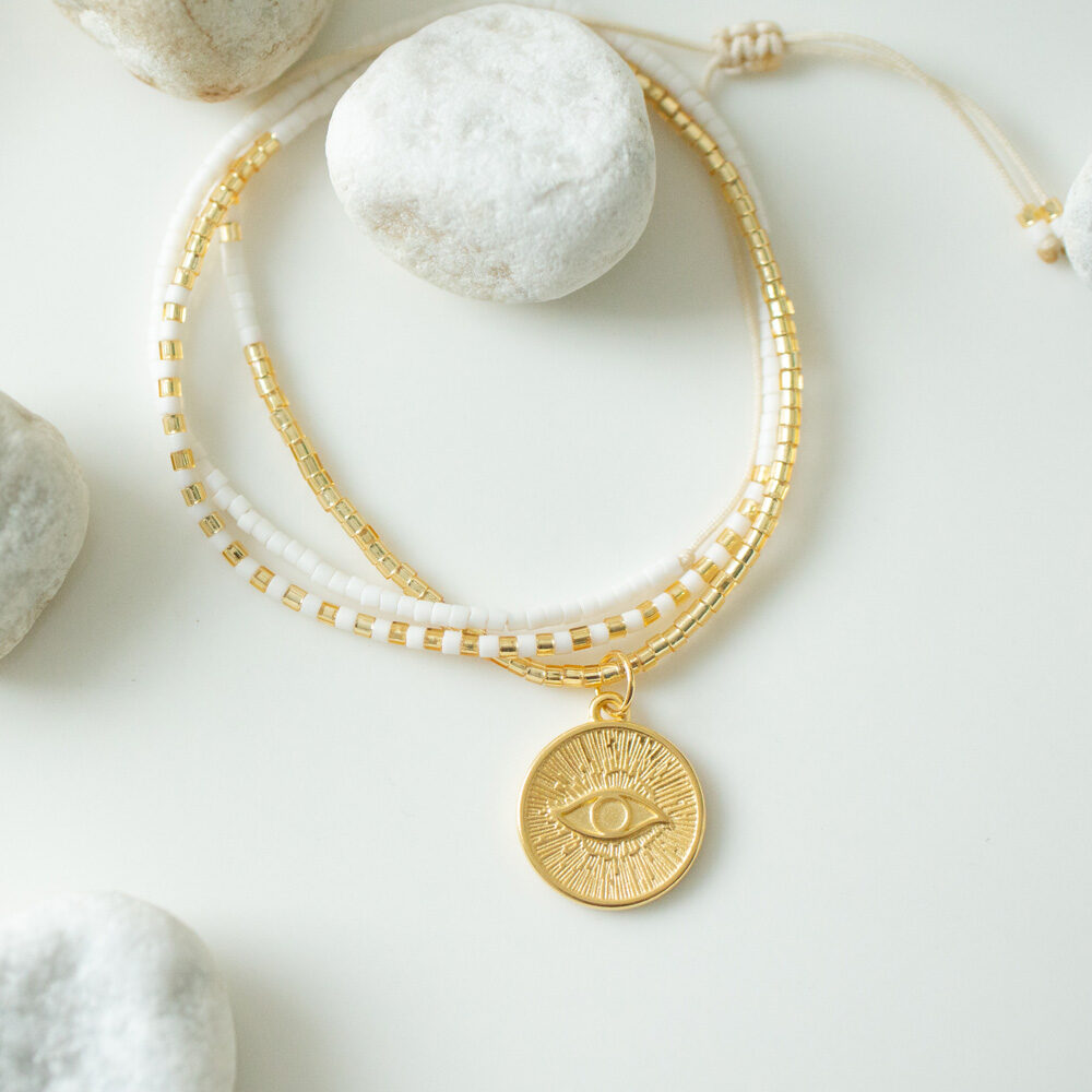 Halskette mit Evil Eye Anhänger und Miyuki Perlen in Weiß und Gold