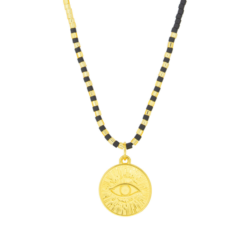 Halsketten mit Evil Eye Anhänger und Miyuki Perlen in Schwarz und Gold
