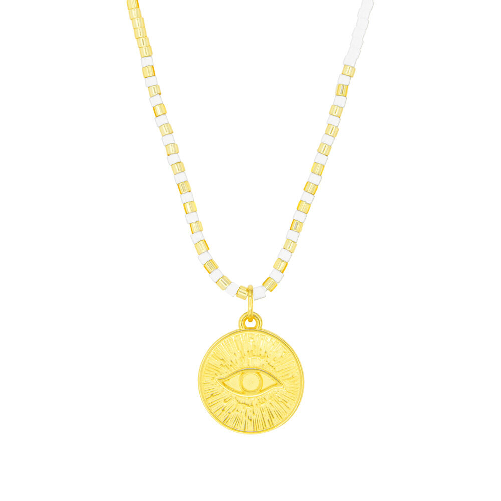 Halskette mit Evil Eye Anhänger und Miyuki Perlen in Weiß und Gold