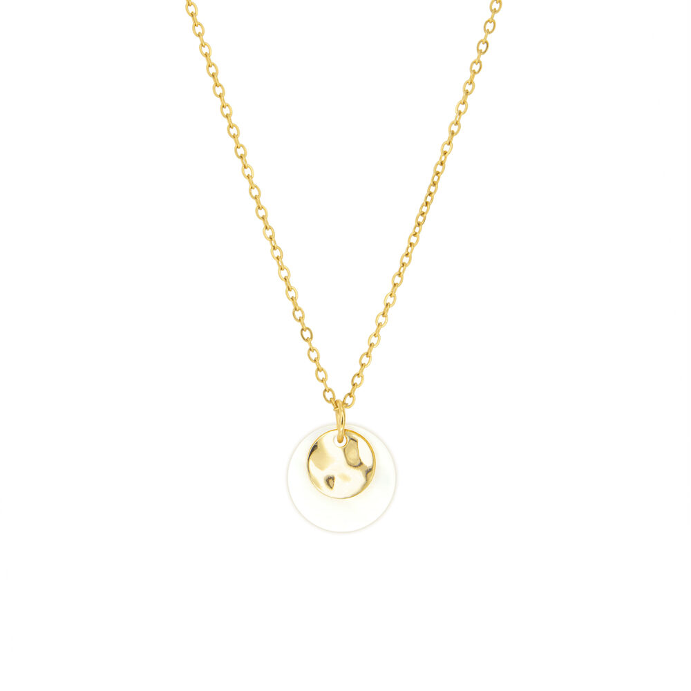 Goldene Gliederkette mit rundem Anhänger aus Permutt und gewellten Plättchen aus Gold